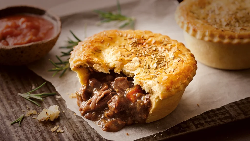 New Zealand meat pie, homemade Austrie Meat Pie with savory beef filling and flaky pastry, traditional Kiwi comfort food australian cuisine world cuisine recipes aussie cuisine