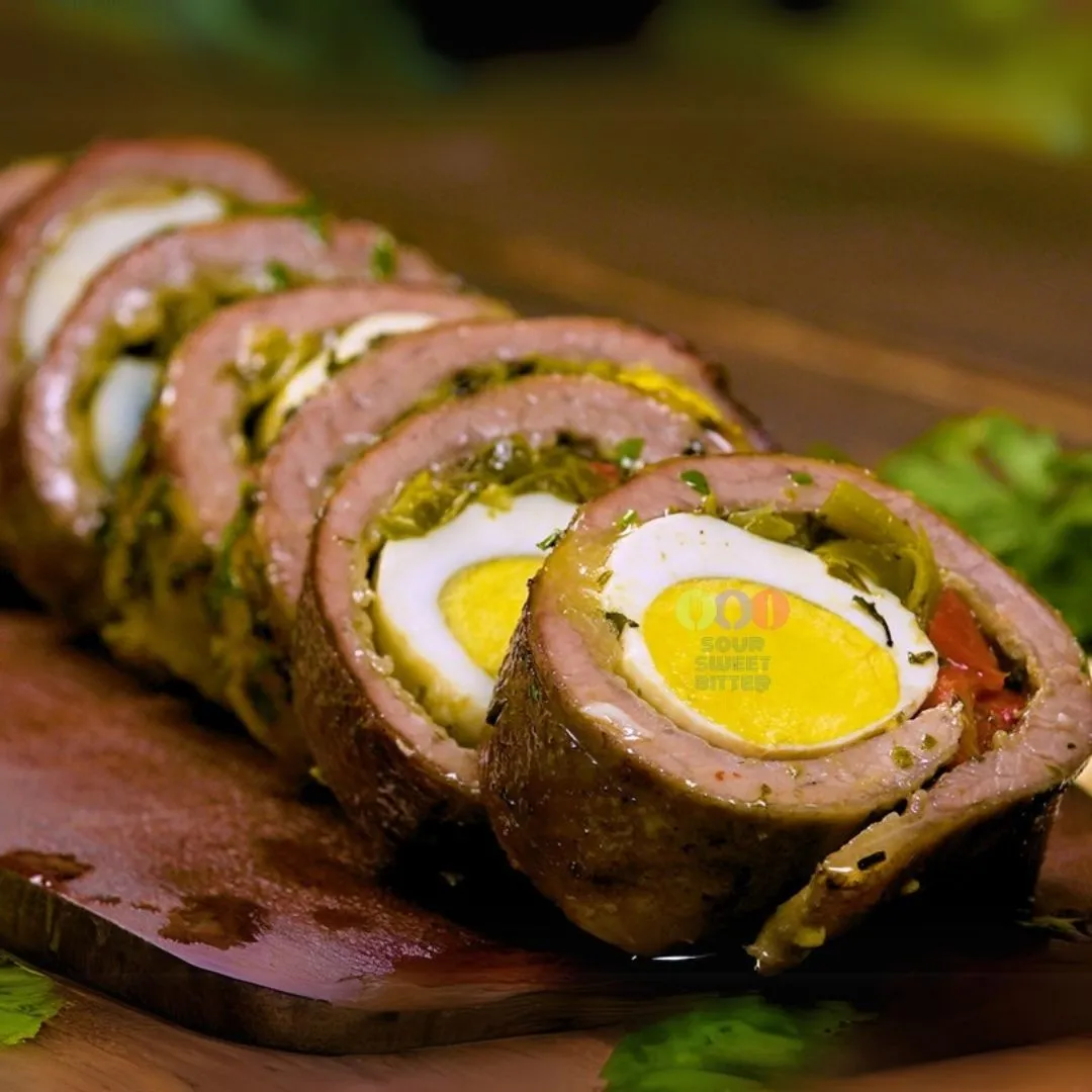 "Matambre arrollado, a traditional Argentine rolled beef dish, sliced to reveal layers of tender meat, carrots, bell peppers, spinach, and hard-boiled eggs. Served on a rustic wooden board with chimichurri sauce, showcasing its vibrant colors and rich flavors